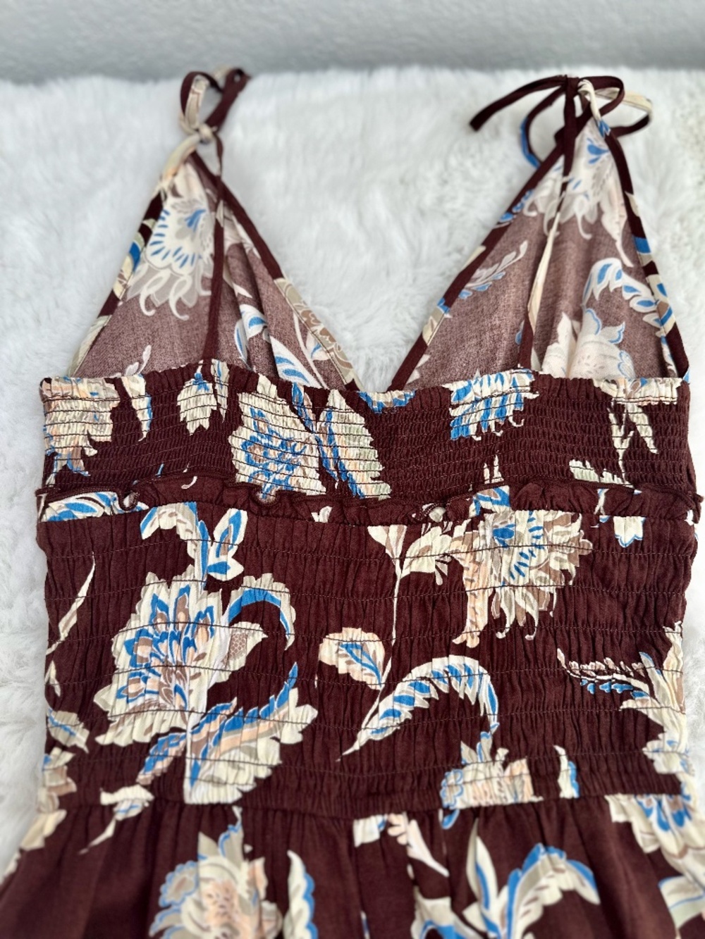 🤎 Patrons of Peace Floral Smocked Wide-Leg Jumpsuit – Dream Brown – Size Small - Picture 5 of 11
